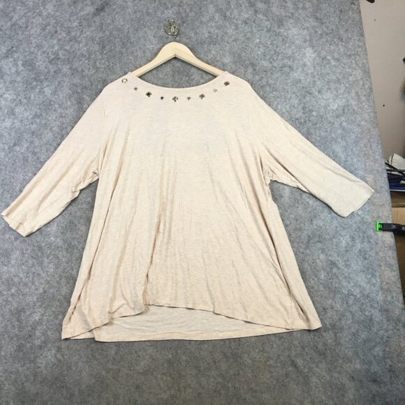 Belldini Top 2X Career Casual Knit Swing Hem 3/4 Sleeve Grommet Caged Back Tan - Picture 1 of 13